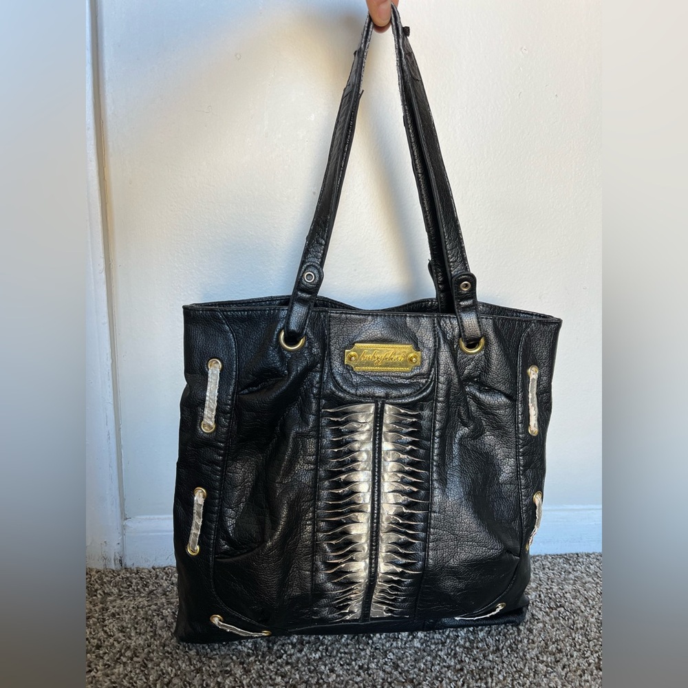 Y2K Baby Phat Purse Black Gold Plated Faux Leather Snakeskin Grunge Shoulder Bag - Picture 1 of 8